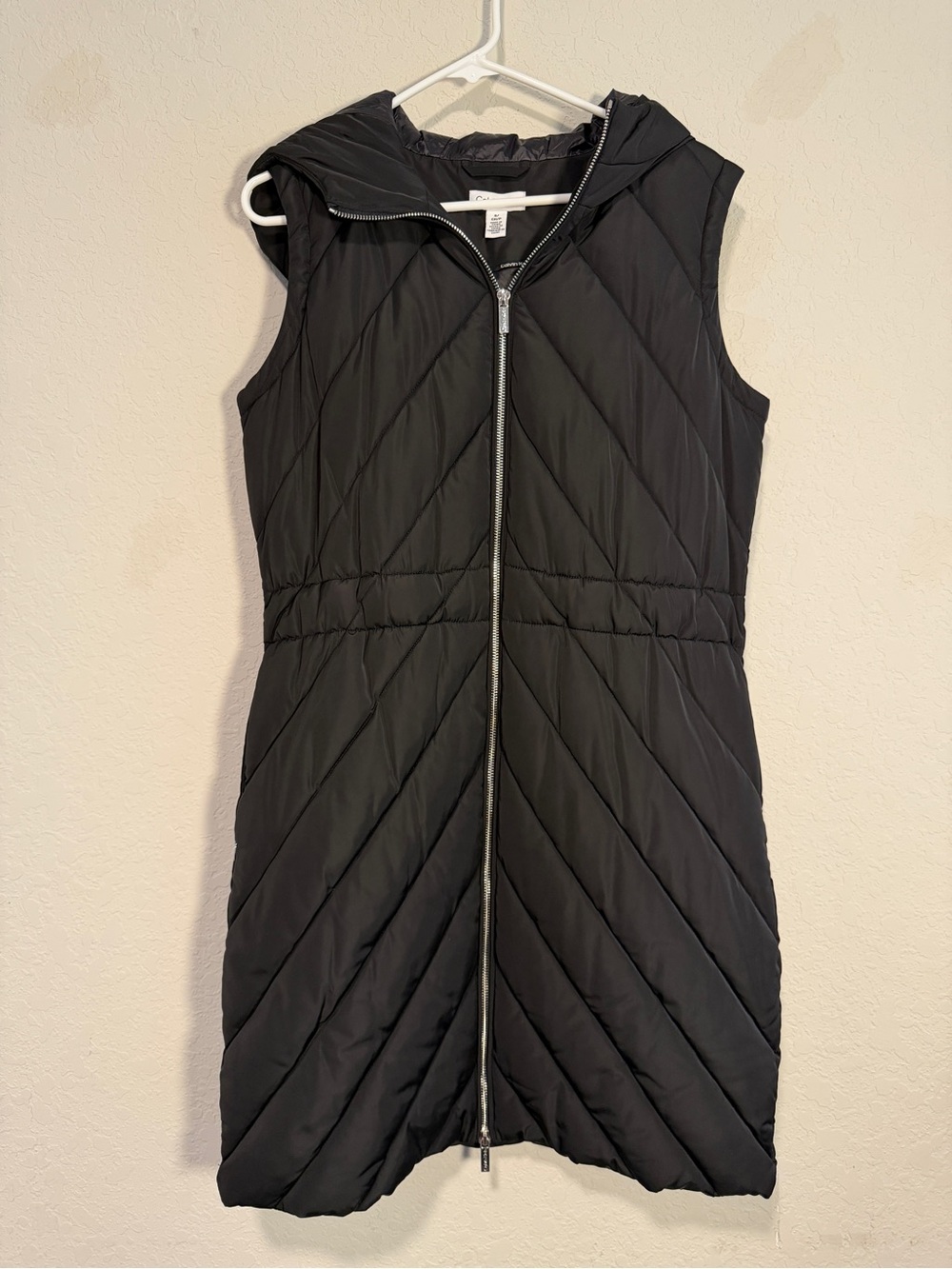 Calvin Klein Black Long Hooded Puffer Vest Size S Quilted Two Way Zip